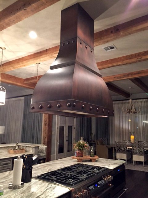 log home kitchen design idea copper hood