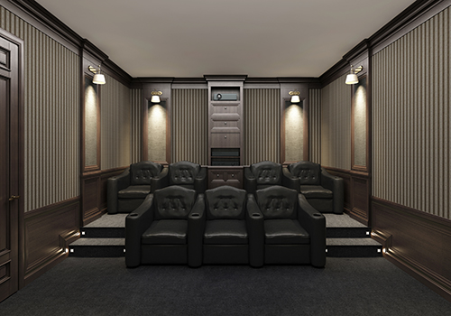 Luxury home theater with dimmable lighting